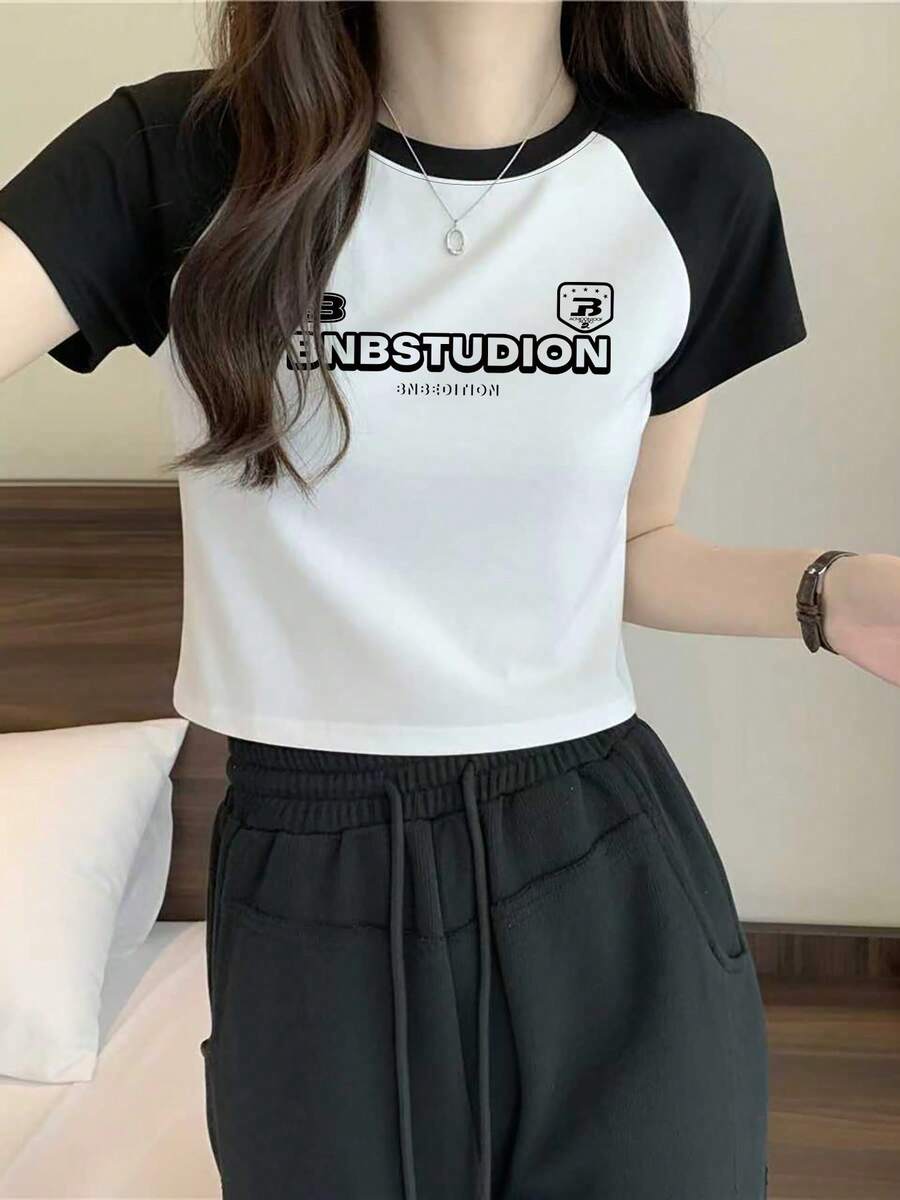 新款夏季女款短版T恤,短袖修身拼接撞色短版上衣,Ins風休閒款 - 黑拼白 - 查看 1