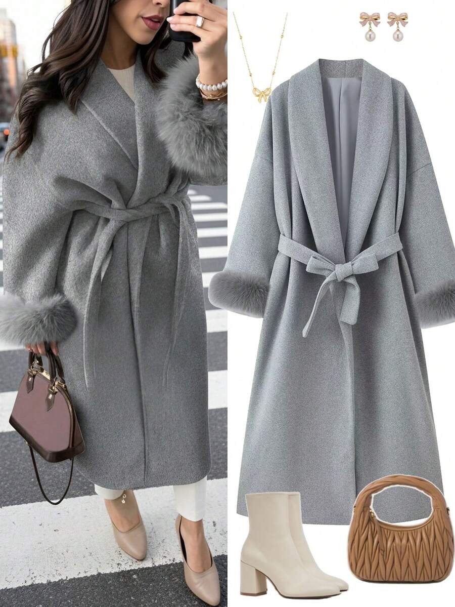 女士新款优雅系带仿毛皮袖外套，高端系带长款大衣，修身显瘦，和服式设计，秋冬款 - 灰色 - 查看 1