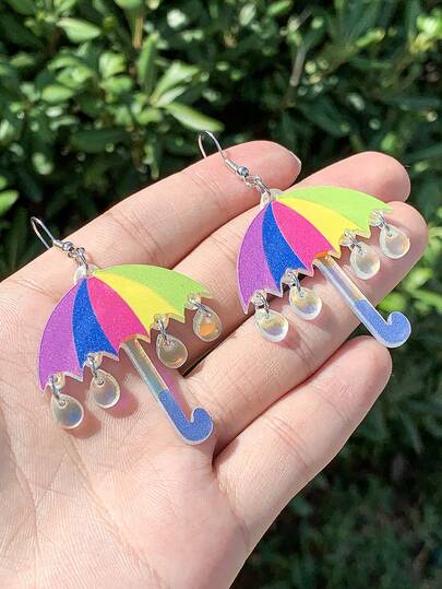 1 Pair Rainbow Umbrella Shape Earrings, Creative Niche Acrylic "Rainbow Umbrella + Sparkling Raindrops" Design Earrings, Cute Healing Style Women's Fashion Earrings