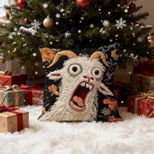 1 Funny Screaming Goat Pattern Pillowcase, 18x18 Inches Short Plush Pillowcase, Abstract Modern Animal Print, With Zipper Design, Suitable For Home Decoration | Party | Wedding | Lounge | Office, Christmas Exchange Gift, New Year's Spring Festival, Valentine's Day, Festival Decoration (Excluding Pillow) - 彩色 - 查看 3