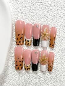 10pcs Autumn/Winter Handmade Nail Art Set, Including Leopard Print French Manicure Stickers, Handmade Flower Nail Decorations, Colorful Rhinestone Accents, Brown/White/Black/Orange Gel Nails, 3 Sizes Available (Almond, Duck Mouth, Coffin Shape), With Tool Kit (1 Jelly Sticker + 1 Nail File), Suitable For Women & Girls, Parties, Important Occasions, Autumn/Winter, Parties, Daily Wear Nail Supplies Handmade Press On Nails - Nhiều màu - Xem 12