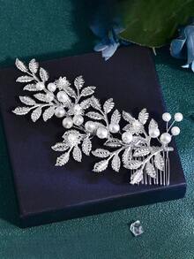 1件手工银色花朵新娘发夹，镶钻装饰女士头饰，适合婚礼、派对、节日礼物 - 銀色 - 查看 8