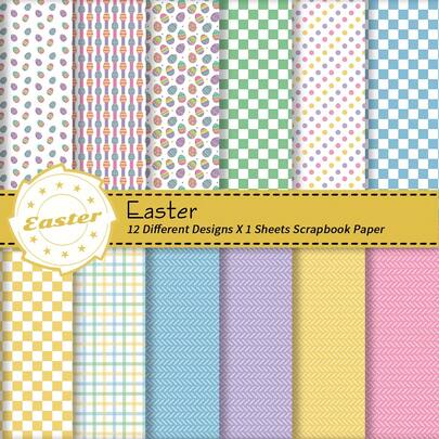 12张复活节主题剪贴簿纸 - 粉彩格子线条和彩蛋设计装饰工艺纸，适用于日记、折纸、卡片制作和派对装饰，剪贴簿用品