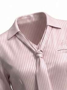 女士缎面领条纹修身长袖衬衫，甜美性感风 - 粉色 - 查看 8