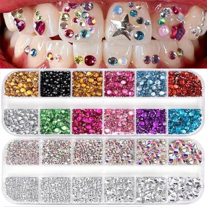 24件套时尚星星心形水钻牙齿饰品套装，Y2K可爱超闪亮牙齿配饰，个性化仿钻牙齿装饰，适合日常、派对、节日佩戴，男女通用（不含胶水，带包装盒）