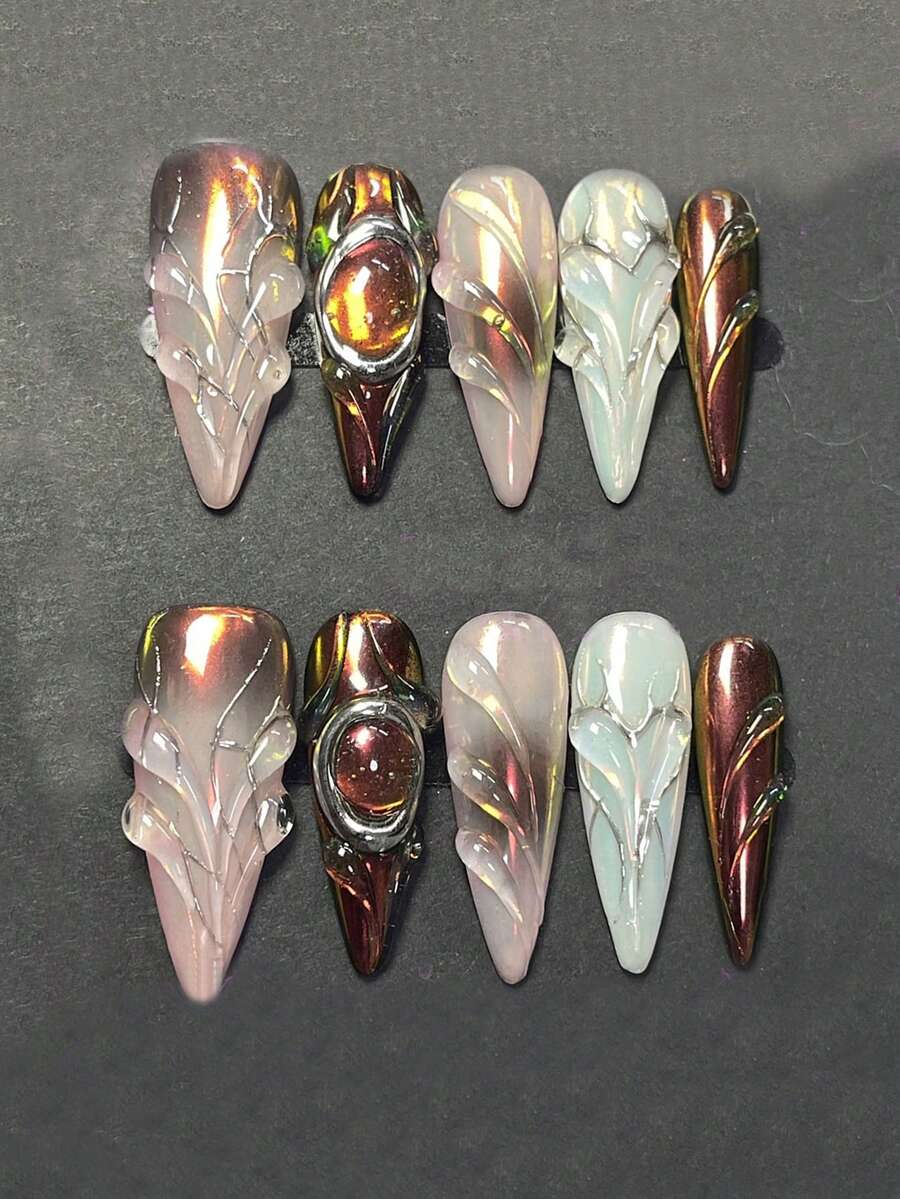 十款奢华复古手工美甲贴片，渐变色假指甲，欧美辣妹风，3D纯手绘假指甲，春夏款，可重复使用，美甲艺术，女士礼物，适合女孩和女士参加派对和日常佩戴。美甲用品，手工按压式假指甲。