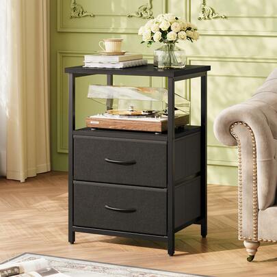 Tomnk 1 Or 2 Drawers End Table, Nightstand & Side Table With Fabric Drawers, End Table With PU Finish, Bedside Table, Living Room & Bedroom Furniture