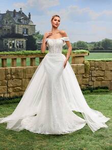 Solid Color Mesh Splice Off-Shoulder Fitted Elegant Luxurious Wedding Dress - White - View 4