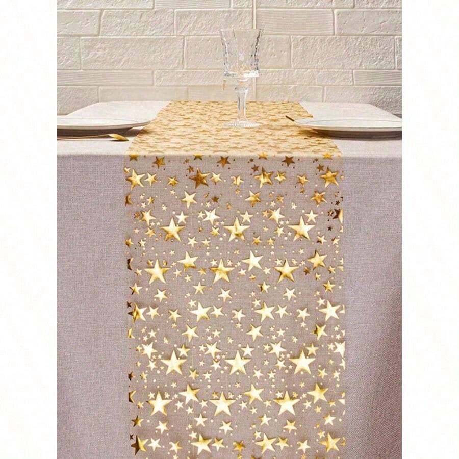 1pc Gold Foil Star Print Table Runner, 11 Inches X 108 Inches, Metallic Polyester Fabric, Suitable For Holidays, Spring, Wedding Tablecloths, Wedding Decorations, Home Decor, Room Decor, Party Favors, Bridal Birthday Decorations, Bachelorette Parties, Home Christmas Gifts, Valentine's Day Decorations. - Nhiều màu - Xem 1
