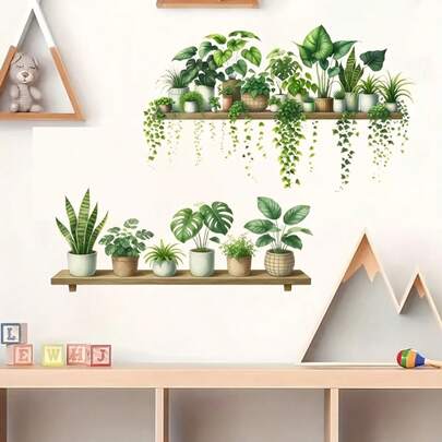 2pcs Fresh Tropical Green Plant Wall Stickers, Removable Self-Adhesive Vinyl Potted Plant Decals, Suitable For Living Room, Bedroom, Bathroom, Kitchen, And Home Decoration.