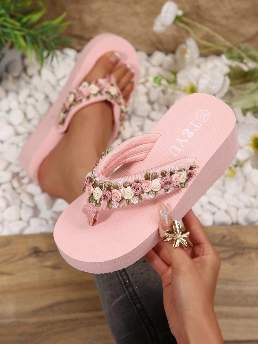 Cute Floral Decor Wedge Flip Flops, Spring/Summer - Pink - View 1