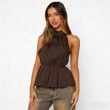 Women's White Halter Neck Open Back Peplum Top - Tie Waist Sleeveless Blouse For Date/Casual Outfits - nâu sẫm - Xem 1
