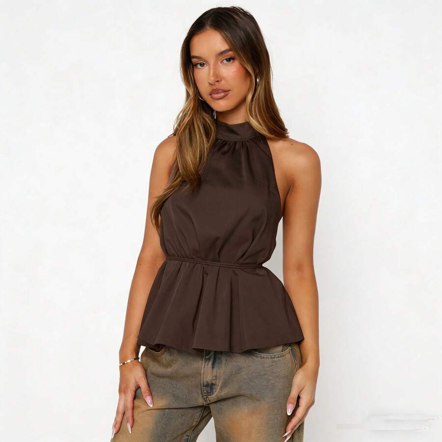 Women's White Halter Neck Open Back Peplum Top - Tie Waist Sleeveless Blouse For Date/Casual Outfits - nâu sẫm - Xem 1