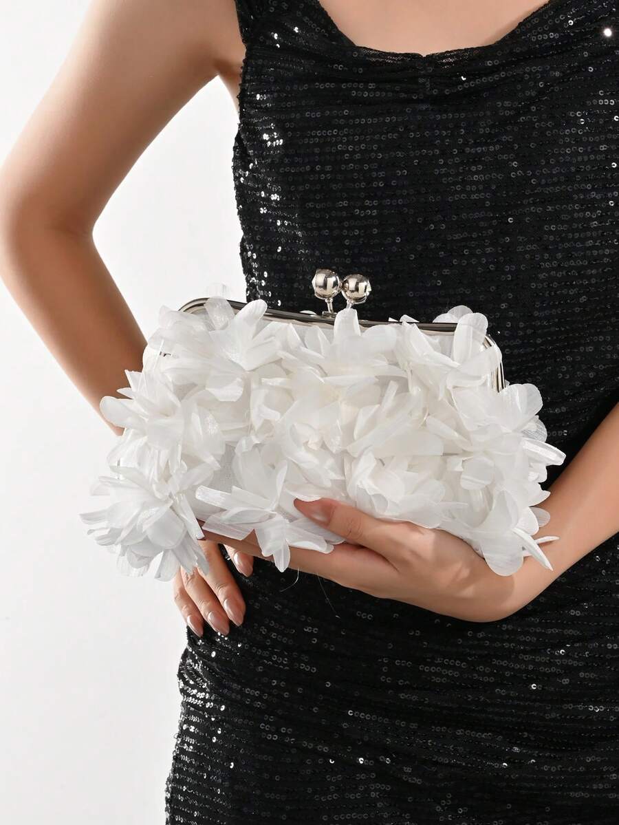 2025 Spring/Summer New White Romantic Wedding Season 1pc White Mesh Ruffle Tassel Clasp Rhinestone Embellished Handbag, High-End Luxury Women's Formal Dress Evening Bag, Bridal Wedding Party Clutch - White - View 1