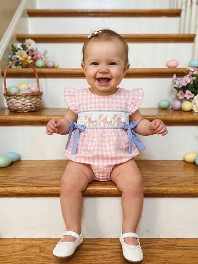 Infant Baby Girls Summer Romper Fashionable Flower Embroidery Plaid Crew Neck Flying Sleeve Jumpsuit Cute Leisure Daily Wear Clothes Ideal For 0-24 Months