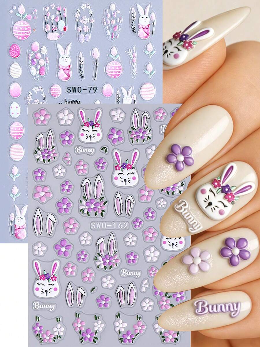 2pcs Easter Cartoon Rabbit & Flower 5D Embossed Nail Art Stickers, Spring Easter Eggs Rabbit Tulip Flower Nail Decals, DIY Nail Art Decoration Nails - Multicolor - View 1