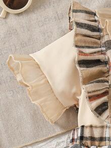 女婴时尚休闲可爱套装，圆领荷叶边简约上衣 + 格纹时尚背带裤 - 杏色 - 查看 5