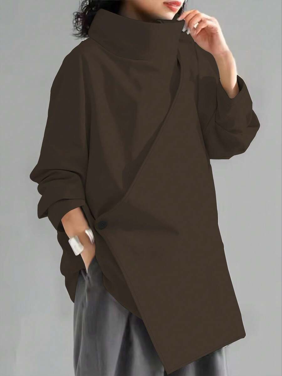 女士休闲高领宽松套头毛衣，纯色梭织面料，纽扣装饰，适合办公室、日常穿着、度假、春秋季穿着。 - 咖色 - 查看 1