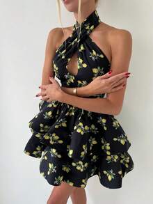 Women's Lemon Print Sexy Cute Elegant Criss-Cross Backless Mini Dress, Suitable For Daily Wear, Dating, Commuting, Holidays, Parties, Street Photography And Various Occasions - Black - View 2