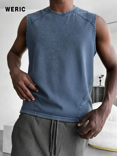 男士时尚运动风水洗做旧无袖拼接背心，简约风格，适合春夏日常运动休闲穿着，街头风背心。