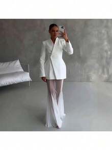 French Celebrity Style Solid Color Long-Sleeved Suit Micro-Transparent Mesh Skirt Suit - 粉色 - 查看 3