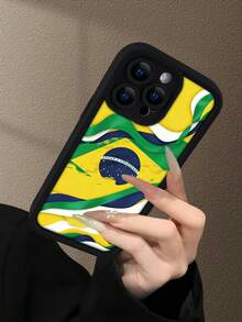 Fashionable, Personalized Brazil Flag Wave Pattern, Combining National Flag Elements And Text Graphics Design Theme, Luxury Shock-Proof, Aesthetically And Cute, Soft Touch, Extreme Grip, Waterproof , Anti-Fouling, With Camera Protection Frame, Compatible With IPhone - Black - View 3