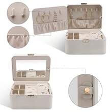 Jewelry Box, 2 Layers PU Leather Jewelry Organizer Box, Large Capacity, Double Lock And Large Mirror, Hidden Necklace Hooks, Removable Dividers, Gift Box Packaging, Grey - Gray - View 3
