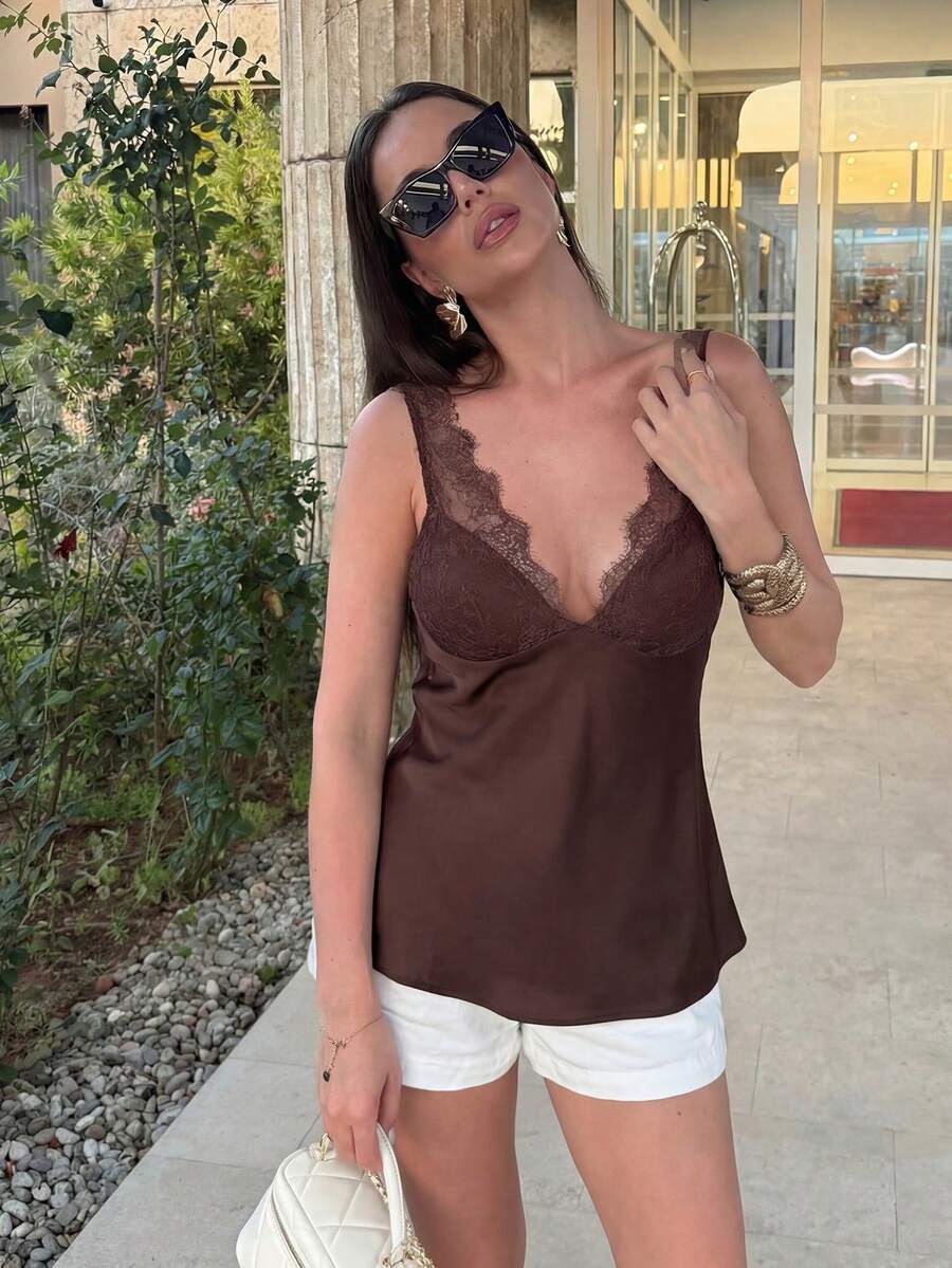 HH 2026 New Elegant Contrast Lace Camisole Tank Top, Sexy Sleeveless Vintage Blouse, Fashionable Slimming Street Style Clothing For Women Casual - Màu nâu  Mocha - Xem 1