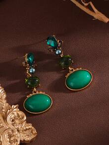 1 Pair Vintage Metal Stone Oval Floral Fashion Earrings, Versatile For Daily Wear - Gold - View 12