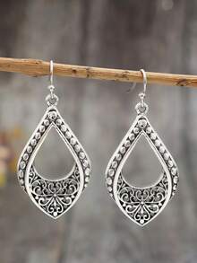 1 Đôi bông tai kim loại chạm khắc rỗng phong cách Bohemian cổ điển tối giản - Màu Bạc Cổ - Xem 8