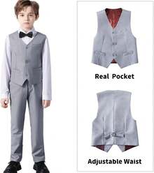 Boys Teen Formal Tuxedo Slim Fit Suit Set Wedding Ring Bearer Pageboy Dress Clothes Outfit - Light Grey - View 3