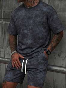 Men's Classic Black Drawstring Shorts Set, Casual Solid Color Printed T-Shirt, Men's 2-Piece Outfit, Fitness Apparel, Men's 2-Piece Set, Men's Suit, Men's 2-Piece, Black 2-Piece Set, Suitable For Spring/Summer Daily Wear, Street Style Sports - Black - View 1
