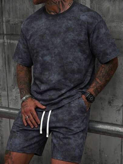Men's Washed Black Drawstring Shorts Set,Casual Solid Color Print Tee, Men 2 Pieces Set,Gym Clothes Men, 2 Pieces Outfits