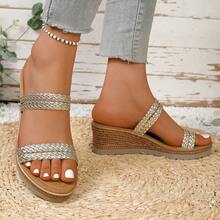 Women's New Bright Color Woven Decor Wedge Sandals, Vacation Style, Summer Strap Open Toe Thick Bottom Sandals Suitable For Dates, Shopping, Commuting, Beach (Run Large By Half Size) - Gold - View 13