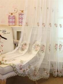 1pc Perforated European Embroidered Sheer Curtain, Semi-Blackout, Minimalist Pastoral Style, Suitable For Balcony, Living Room, Bedroom, Casement Window - Multicolor - View 1