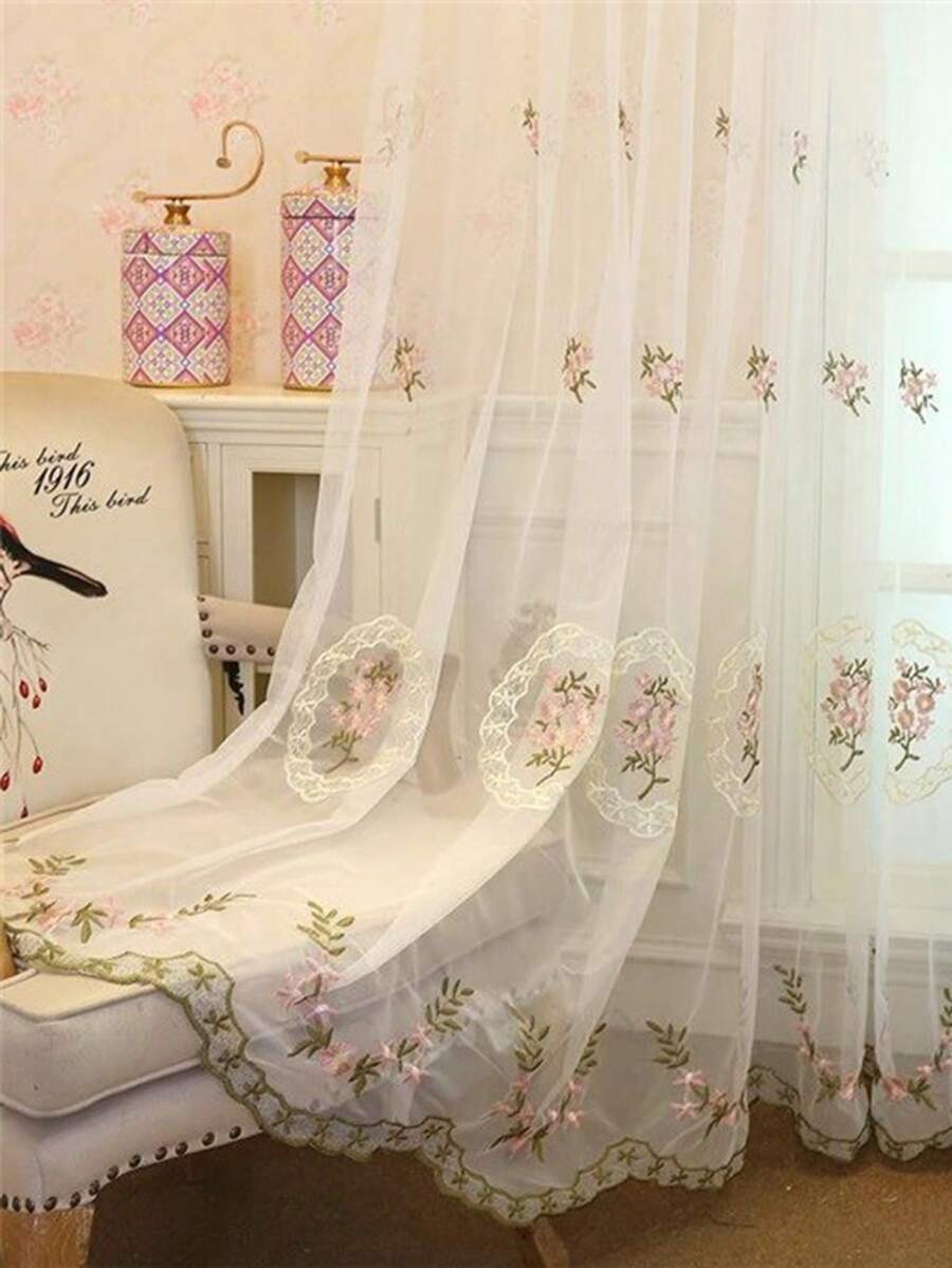 1pc Perforated European Embroidered Sheer Curtain, Semi-Blackout, Minimalist Pastoral Style, Suitable For Balcony, Living Room, Bedroom, Casement Window - Multicolor - View 1