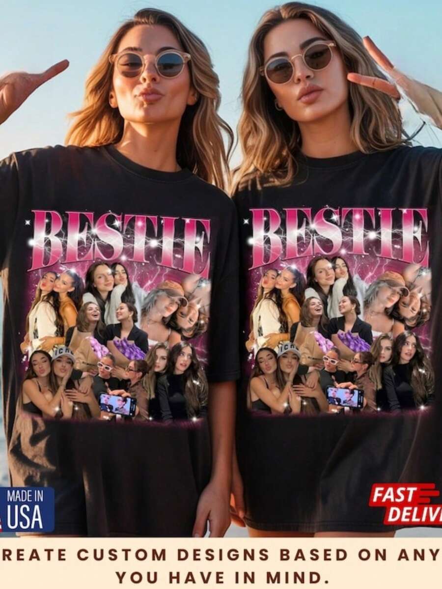 1pc Custom Bestie Photo Shirt, Bootleg Rap Tee, Personalized Gift, Personalized Gift For Valentine Day/Engagement/Wedding/Holiday/Daily Life, 100% Cotton, S-2XL - màu đen - Xem 1
