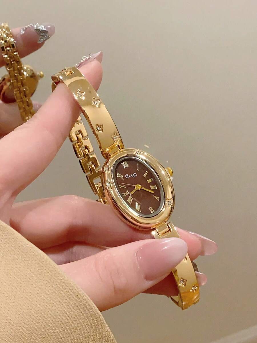 1 件女士椭圆形银黑色表盘金色石英休闲手表,适合日常佩戴 - 酒紅色 - 查看 1