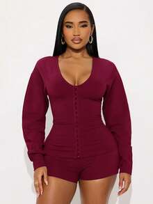 Women's Two-Piece Set Simple Solid Color Elegant Casual Low Crew Neck Cardigan Hidden Button Waist Cinching Long-Sleeved Top Slim-Fitting Sexy Short Pants Set - Màu Đỏ Sâu - Xem 1