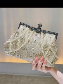 1件装奢华银色手工珍珠刺绣晚宴手拿包、派对包、婚礼礼品袋、女士手提包 - 銀色 - 查看 4