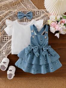 3 件套女婴甜美纯色飘袖上衣和双蝴蝶结花卉分层荷叶边腰部吊带裙蛋糕裙配蝴蝶结头带套装 - 藍色 - 查看 3