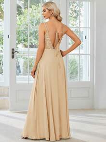 EVERPRETTY Vestido de dama de honor minimalista de unicolor con pliegues y espalda cruzada para boda de primavera - Champán - Ver 3