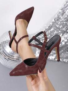 Pointed Toe High Heel Pumps, Fashion Versatile Slim Stiletto Heel Slip-On Commuting Sexy Backless Shoes - Burgundy - View 1