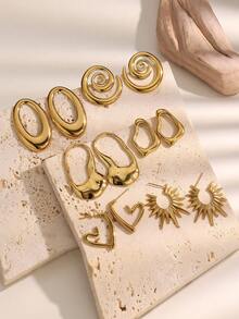 一对简约几何心形不锈钢耳钉，时尚独特，适合女性日常、派对和约会佩戴。 - 彩色 - 查看 4