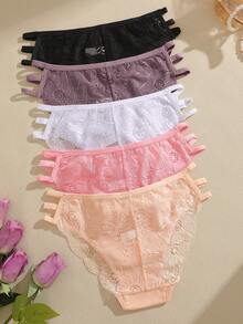 5pcs/Pack Women's Multicolor Lace Patchwork Hollow-Out Breathable Low-Waist Sexy Bikini Briefs - Multicolor - View 4