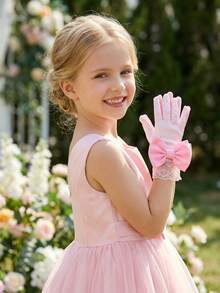 1 Pair 3-10Y Kids Satin Smooth Elastic Velvet Bow Gloves, Soft Satin Flower Girl Gloves For Girls Pageant, Ballet Recital, Princess Birthday & Wedding - 1Pair - View 10