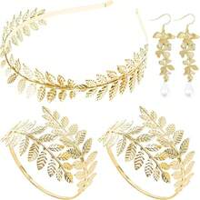 5pcs Greek Goddess Style Costume & Accessories Set, Including Leaf Crown, Headband, Bracelet, Earrings, Bridal Headpiece, Halloween Theme - Multicolor - View 4