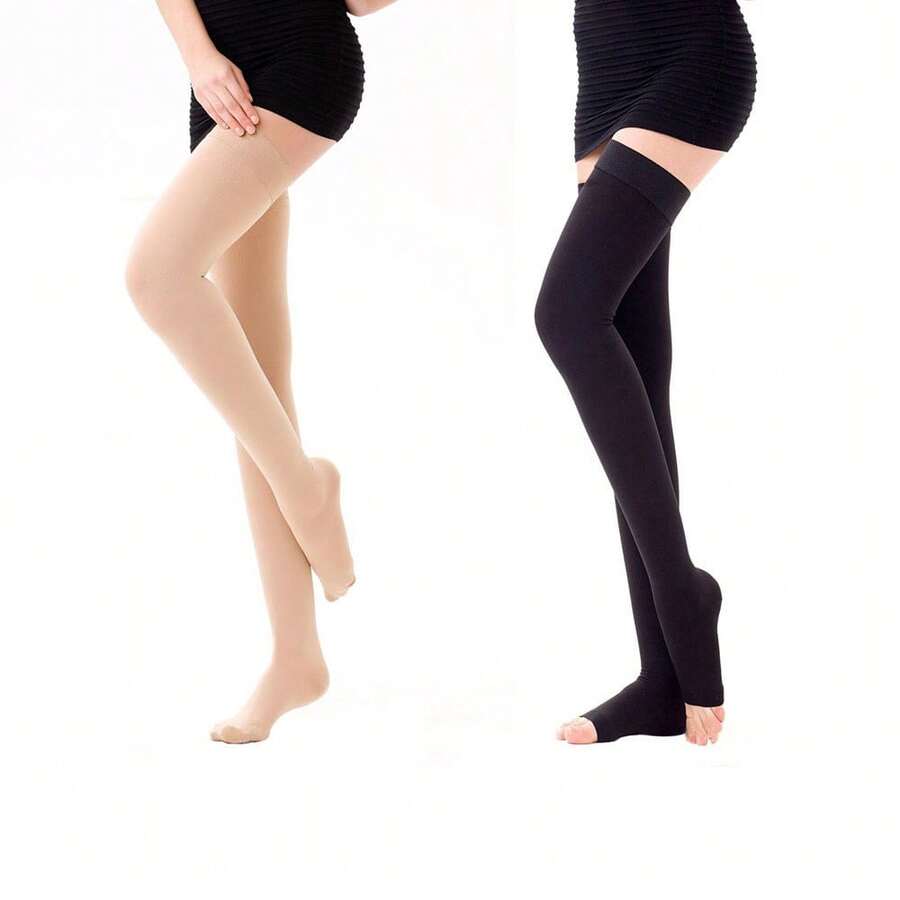 2双男女通用大腿高筒压缩袜，露趾设计，静脉曲张腿部支撑袜 - 彩色 - 查看 1