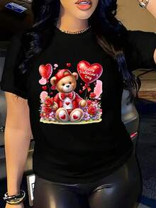 Camiseta feminina casual para o Dia dos Namorados – Blusa adorável de gola redonda com estampa de ursinho de pelúcia e coração - Preto - Ver 1