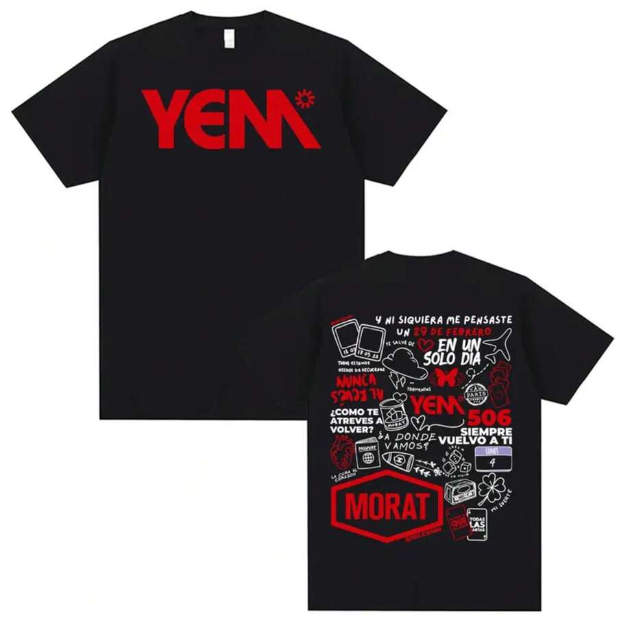 Camiseta con estampado del álbum Morat Yem para hombres y mujeres, estilo Harajuku, hip-hop, verano 2025, 100% algodón puro. - Negro - Ver 1